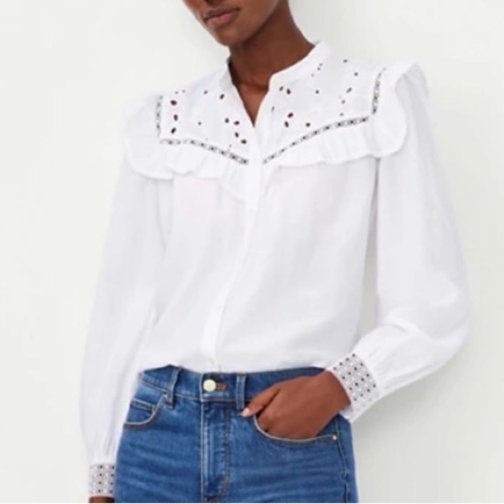Ann Taylor pure white lacy eyelet ruffle front long sleeve blouse